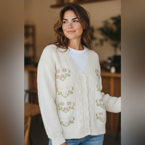 Hand Crafted Sweaters - Hand Knit Cream Cable Knit Button Down Sweater/Scalloped Edge V-Neck- Size M